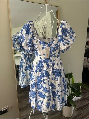 Blue Floral Puff-Sleeve Womens  Dress